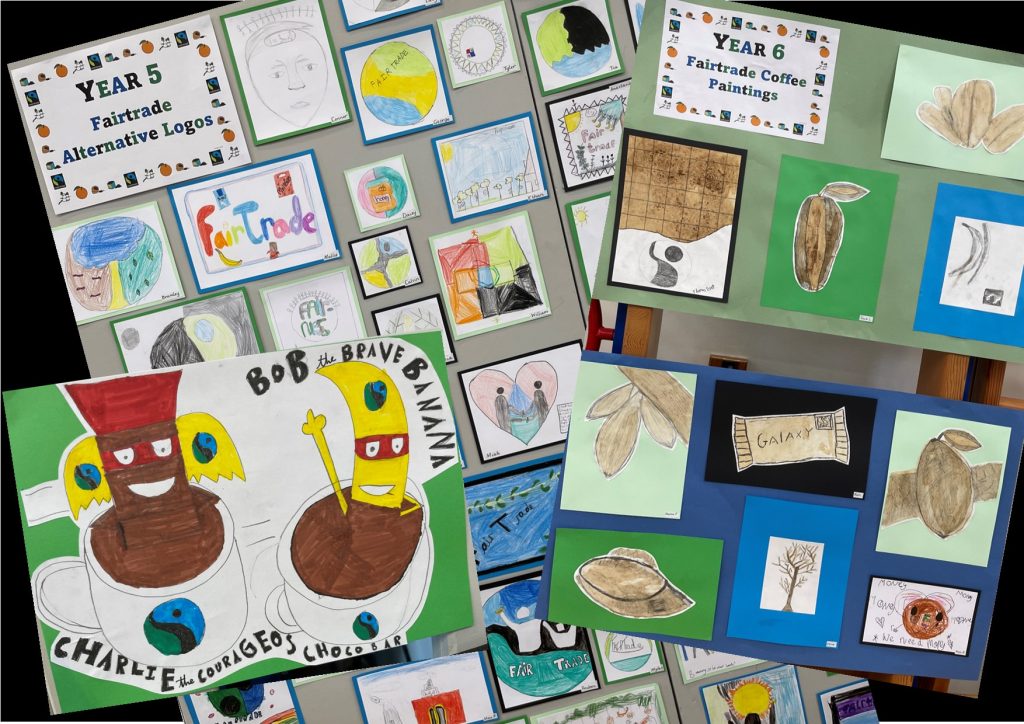 a collage of childrens pictures relating to aspects of Fairtrade